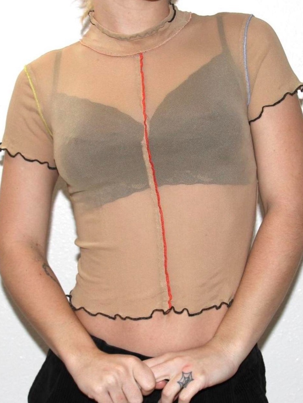 Urban Outfitters Taupe Sheer Mesh Crop Top with Contrast Stitching - size L